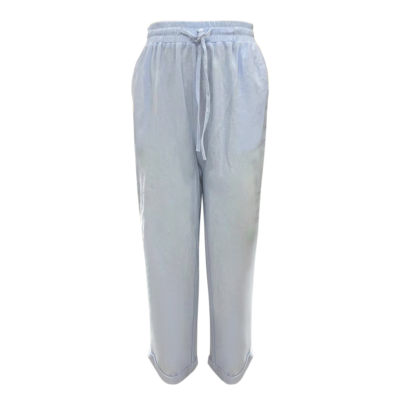 thumbnail image 5 of Pantalones elásticos de cintura alta y pierna ancha para mujer - Algodón y lino, color liso retro, para todas las estaciones, corte recto holgado, lavado a máquina/a mano, tallas S-XXL, 5 of 5